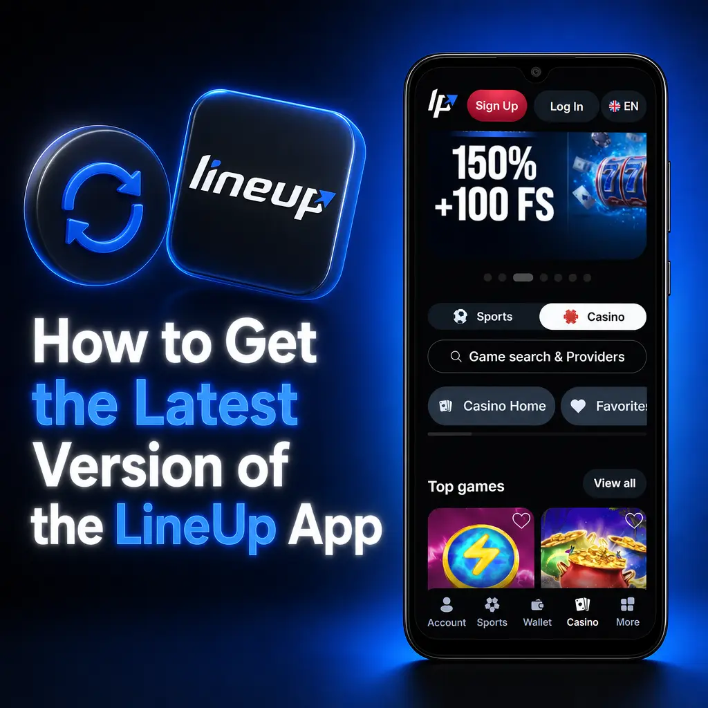 Steps to update the LineUp Android app: tap Update, download the file, then restart to access the latest version.